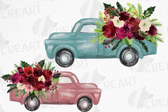 Watercolor Burgundy Red and Pine Trucks Graphics